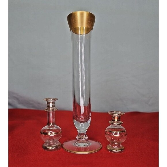 Crystal Bud Vase Set of 3 Gold 24K Trim Mini Footed Slender Flute - Picture 1 of 13